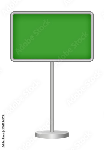 Green signboard with metal pole isolated on a transparent background. Rectangular signpost. 3D metal roadside pointer. Blank billboard