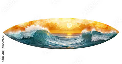 Sunset Over Ocean Waves, Surfboard Design with Vibrant Colors