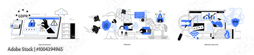 Data protection, malware, network security. Online security, privacy measures, and data analysis. Ideal for data protection, cybersecurity, GDPR compliance, malware prevention, and data-driven
