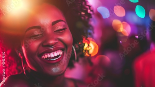 A Joyful Woman Laughing at a Vibrant Party During the Evening With Colorful Lights