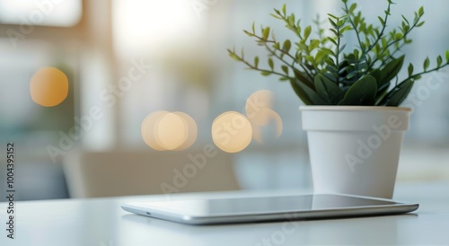 Modern Workspace With Tablet and Potted Plant in Bright Office Environment