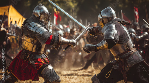 Epic medieval battle reenactment: knights and armor. concept medieval costumes, sword fighting techniques, historical battles, knight armory, renaissance fairs. Renaissance Fair. Illustration