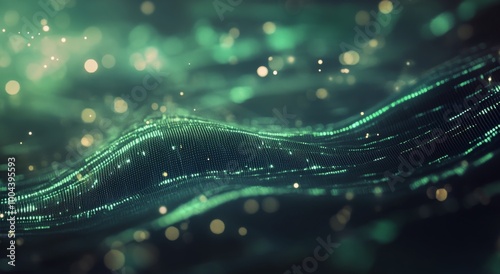 Abstract digital background with green particles and light effects