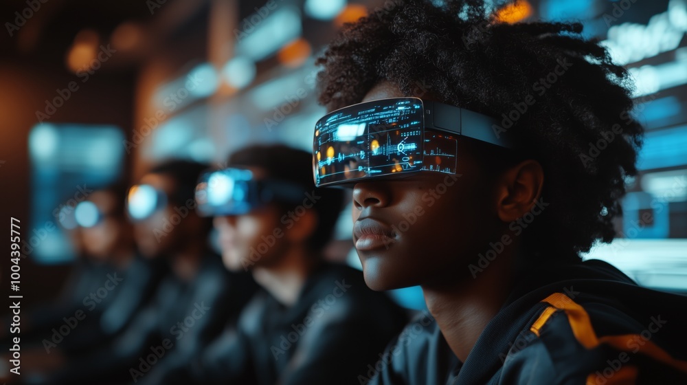 A group of students wearing AR glasses in an AI classroom A group of students wearing AR glasses in an AI classroom