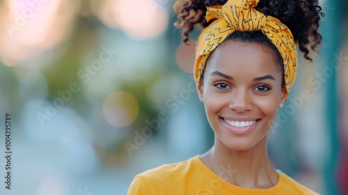 Smiling Woman With Curly Hair in Yellow Top Against Vibrant Yellow Background