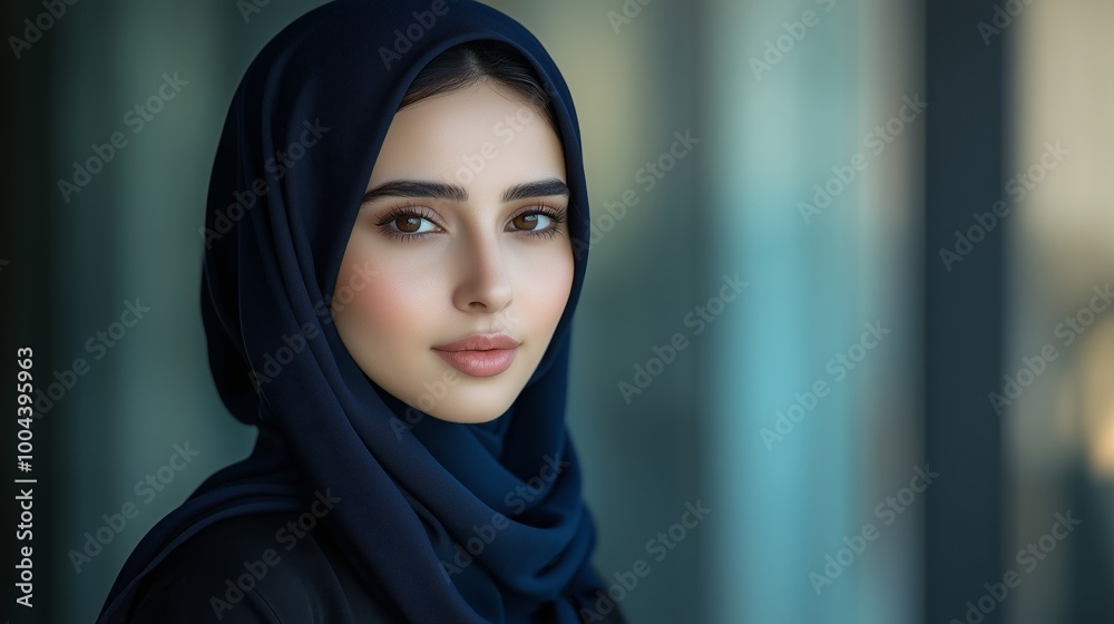 A professional photo of an elegant young Omani woman wearing abaya and hijab, with a black shirt and dark blue hijabs A professional photo of an elegant young Omani woman wearing abaya and hijab, with a black shirt and dark blue hijabs