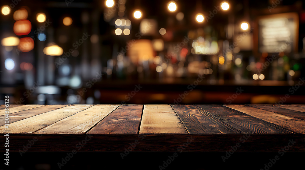 Blurred Cafe Lights Over a Polished Wooden Bar Blurred Cafe Lights Over a Polished Wooden Bar
