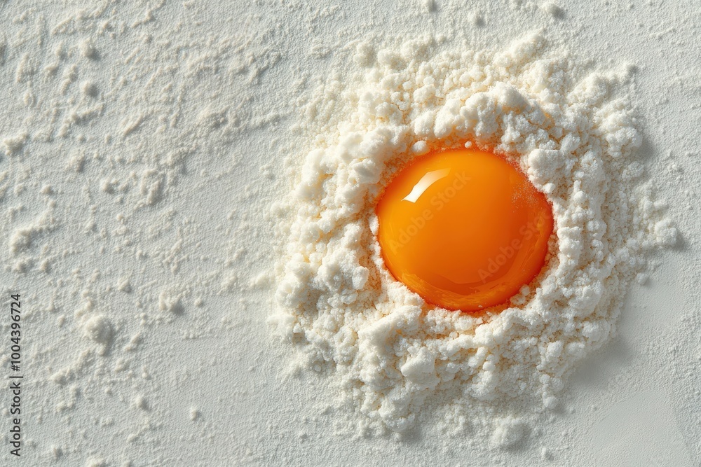 A golden egg yolk surrounded by flour on a clean countertop for baking activities A golden egg yolk surrounded by flour on a clean countertop for baking activities