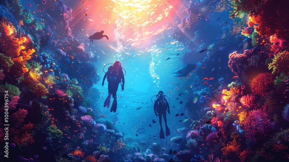 Men and teenage children in wetsuits and snorkels diving underwater with turtle and fishes, bright tropical seaweeds and corals, treasure chest on sea or ocean sandy bottom.