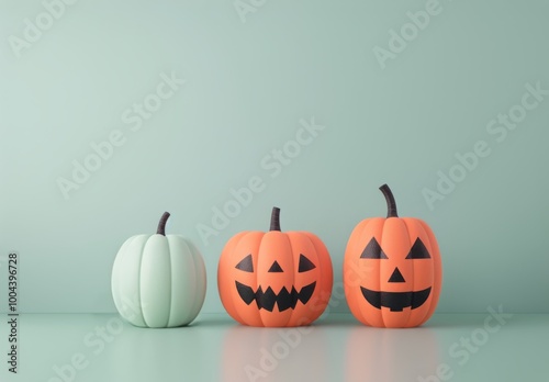 Three Pumpkins With Jack-O'-Lantern Faces on a Mint Green Background