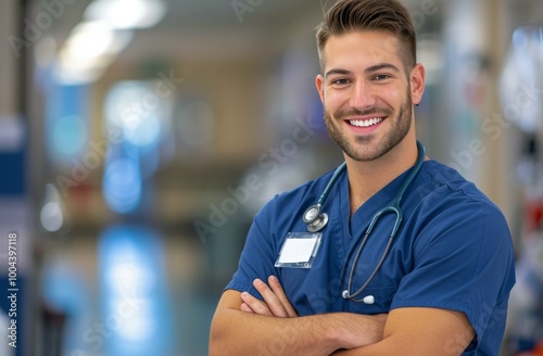 Male Nurse Smiling Confidently in Hospital Corridor During Daytime