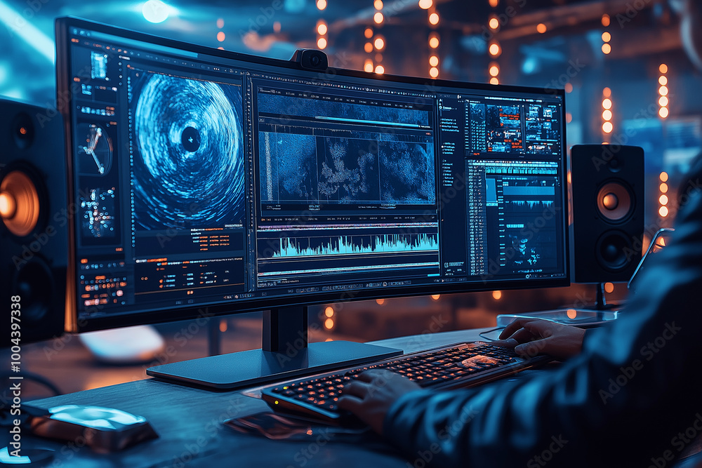a person is using advanced video editing software on an ultra-wide, curved monitor