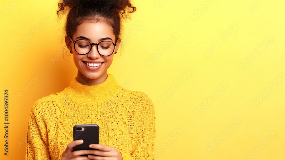 Engaged language learner smiling while using a smartphone against a vibrant yellow background Engaged language learner smiling while using a smartphone against a vibrant yellow background