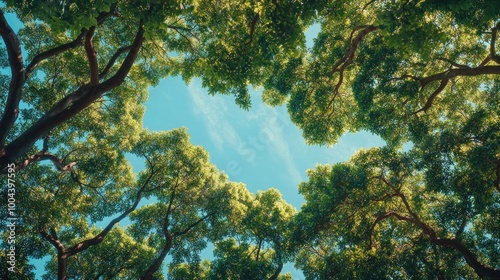 A view of lush green treetops against a bright blue sky, creating a serene natural frame.