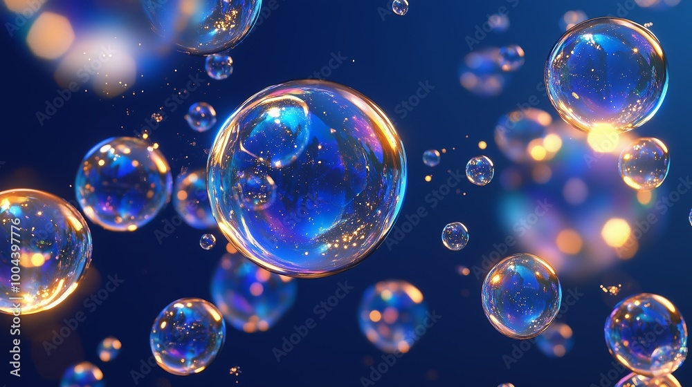 Colorful soap bubbles floating against a blue background with shimmering reflections and soft lighting effects in a playful display Colorful soap bubbles floating against a blue background with shimmering reflections and soft lighting effects in a playful display