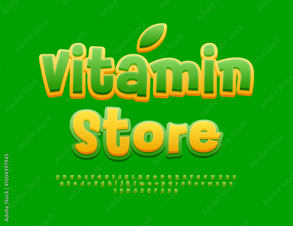 Vector healthy concept Vitamin Store with decorative Leaf. Creative bright Font. Playful style set of Alphabet Letters and Numbers Vector healthy concept Vitamin Store with decorative Leaf. Creative bright Font. Playful style set of Alphabet Letters and Numbers