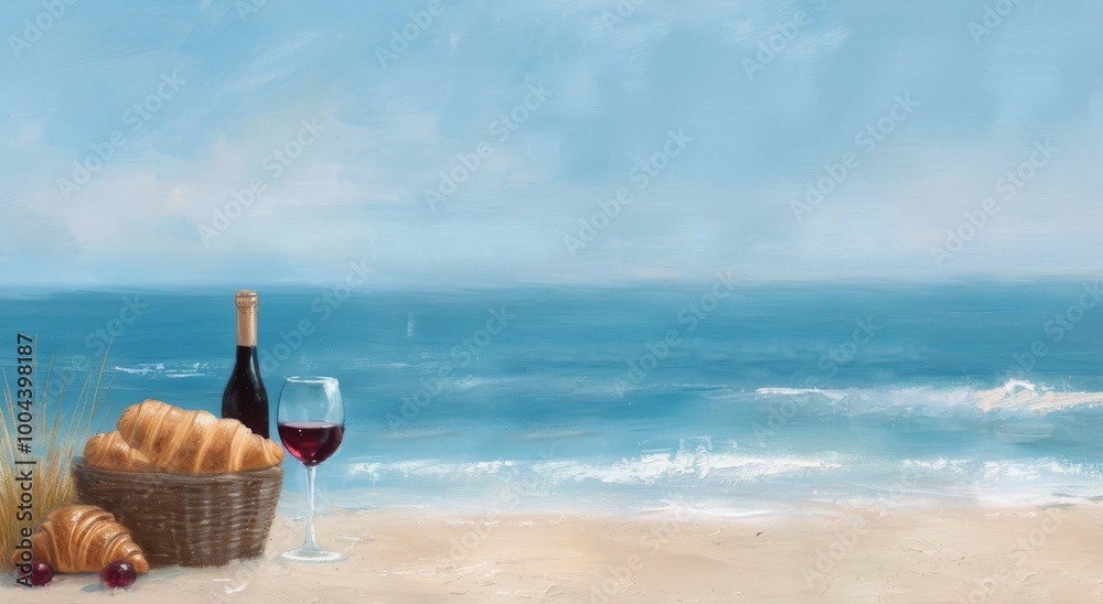 Elegant Beach Picnic With Wine and Croissants at Dawn Elegant Beach Picnic With Wine and Croissants at Dawn