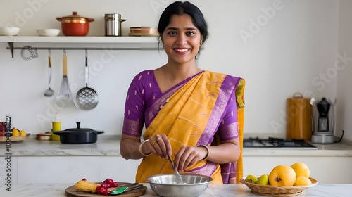 indian woman cooking in kitchen
