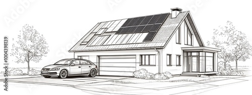 A technical drawing of an eco-friendly house with solar panels on the roof, a garage, and a car