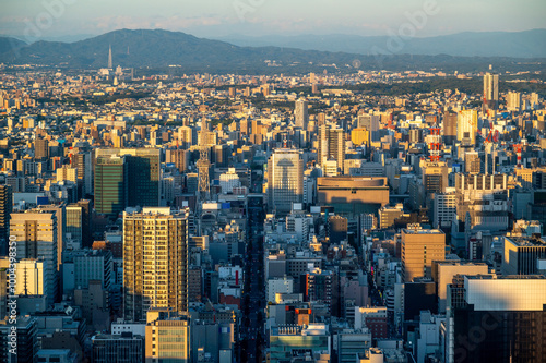 Obraz na płótnie sunset or sun rise of Nagooya cityscape with office building and downtown and Skyline twilight sky in summer season, Nagoya city, Aichi, Japan w salonie