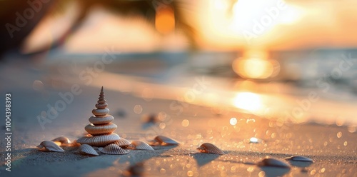 Miniature Christmas Tree on Beach at Sunset With Gentle Waves