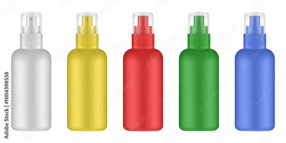 Set of white, yellow, red, green and blue cosmetic  bottles with pump. Dispenser. Korean packaging. Lotion or serum. Mist, hair spray, air freshener container. Mockup of aerosol. Transparent cap