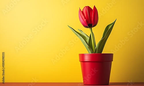 Wallpaper Mural Single Red Tulip in a Pot Against Yellow Background Torontodigital.ca