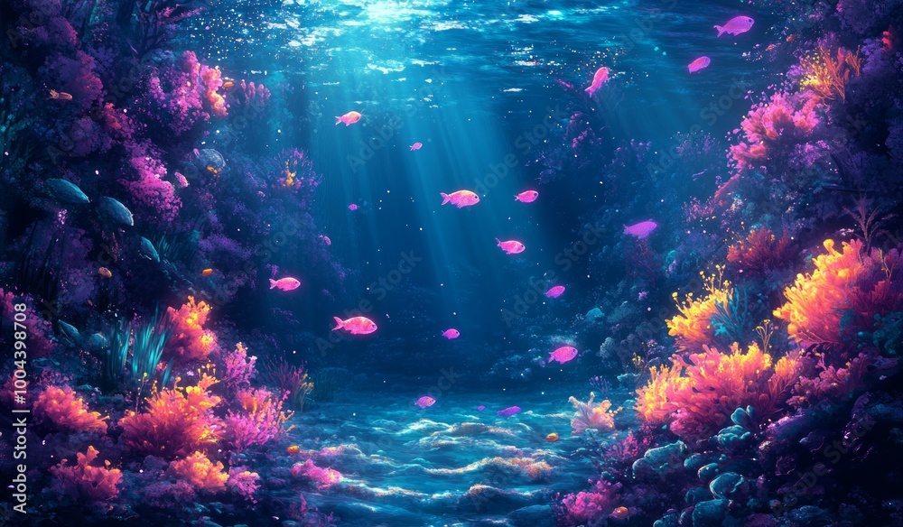 Obraz premium Vibrant Underwater Scene With Coral Reefs and Colorful Fish in Deep Ocean Waters
