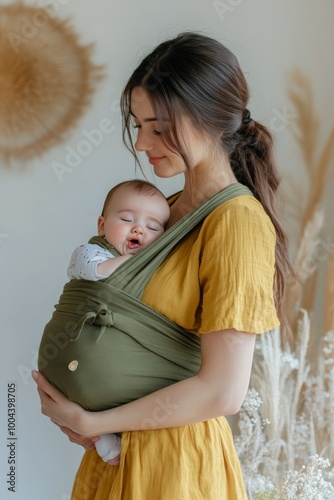 Mother holds her sleeping baby in a green wrap during a serene indoor afternoon