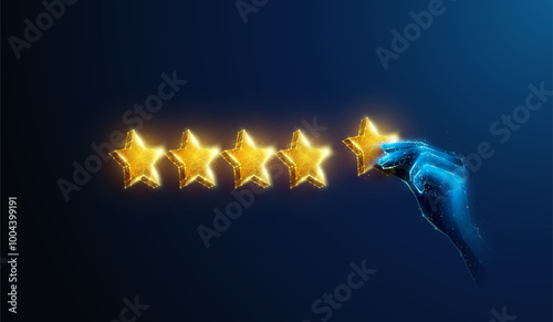 Abstract illustration of hand giving five gold stars rating in low poly style. Blue geometric background depicting customer feedback for excellent service concept by wireframe connection structure