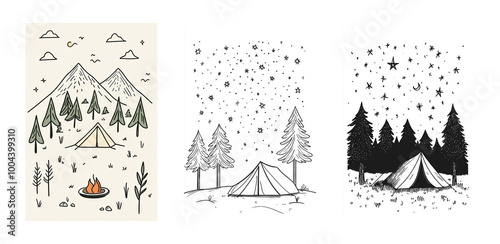 Three camping scenes with mountains trees tents and starry skies  line art illustrations photo