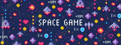 Pixel art style background featuring various space game elements such as rockets, hearts, shields and stars. Ideal for game design, retro themes, sci-fi concepts, digital art and space adventures