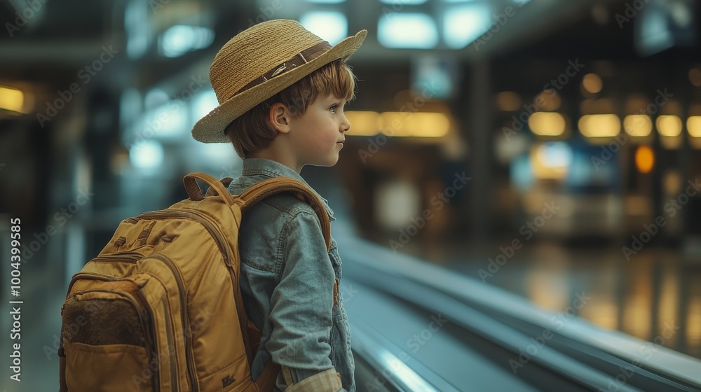 Young boy with a backpack and straw hat smiles at an airport terminal while waiting Young boy with a backpack and straw hat smiles at an airport terminal while waiting