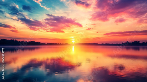 A serene photograph of a sunrise over a calm lake, with reflections of the colorful sky on the water surface.