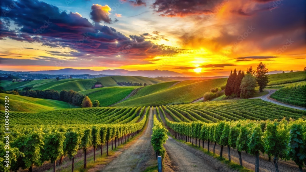 Vibrant sunset colors illuminate lush vineyard on a hill in Washington state