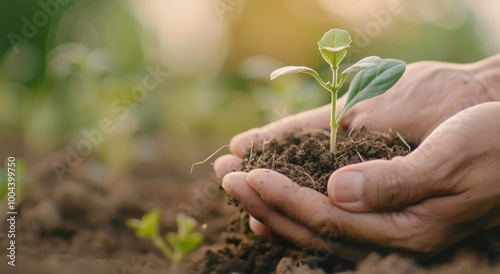 Hand Holding a Young Plant With Soil in a Lush Green Environment