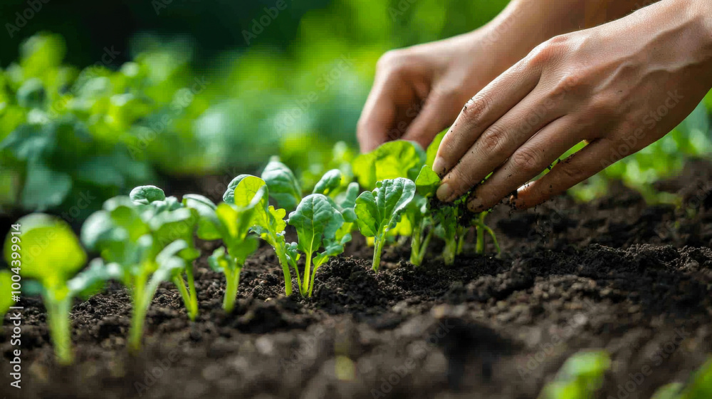 Hands carefully planting young seedlings in rich soil during a sunny afternoon in a vibrant garden setting Hands carefully planting young seedlings in rich soil during a sunny afternoon in a vibrant garden setting