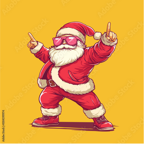 vector drawing of Santa Claus in sunglasses with victory gesture on yellow background .Generative AI