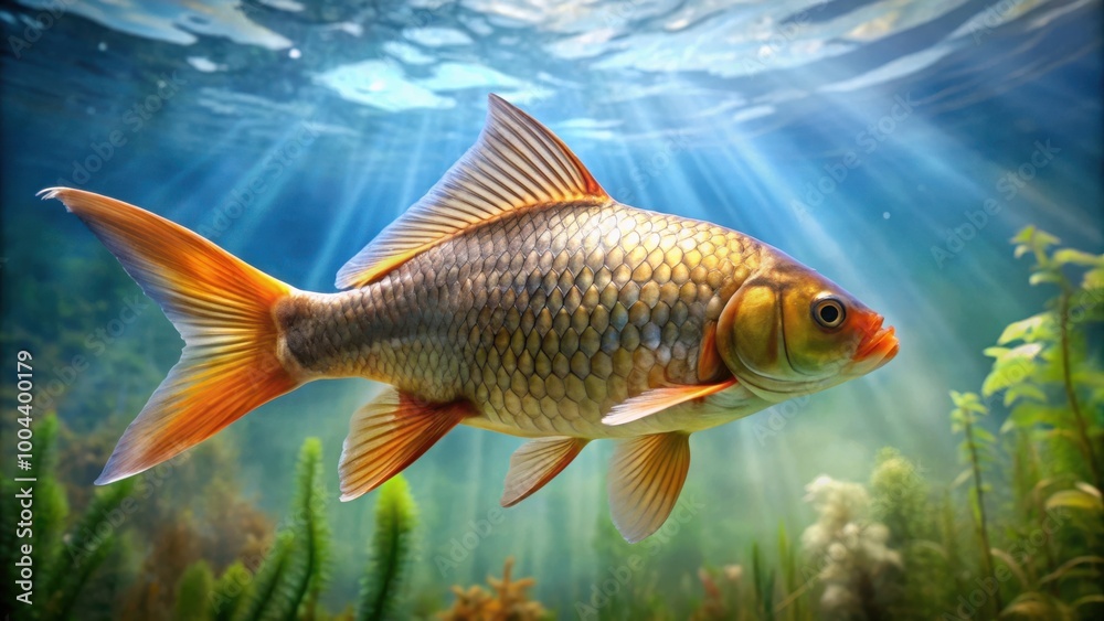 Naklejka premium Graceful Carp Gliding Through Crystal Clear Aquarium Water with Fins Propelling Marine Biology Creature