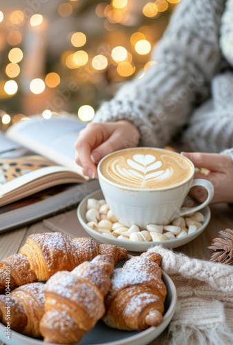 Warm Croissants and Coffee on a Cozy Table With Soft Bokeh Lights