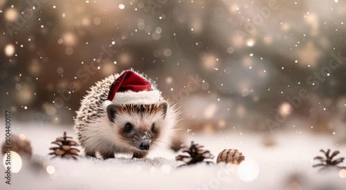 Cute Hedgehog Wearing Santa Hat in Snowy Forest With Pinecones During Winter