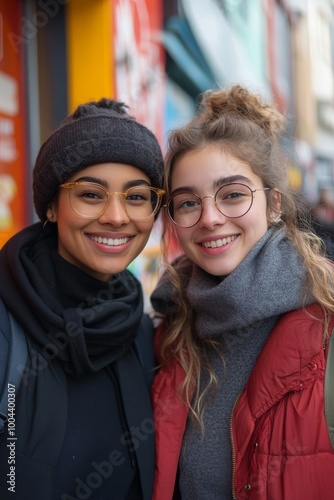 Two friends in sunglasses enjoying a sunny day on a city street