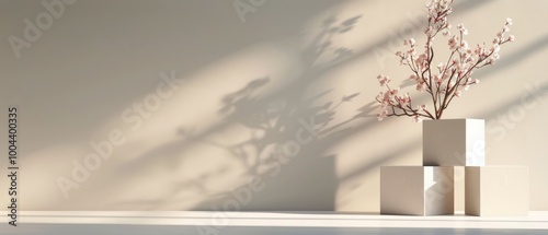 White Cubes With Pink Flowers and Sunlight