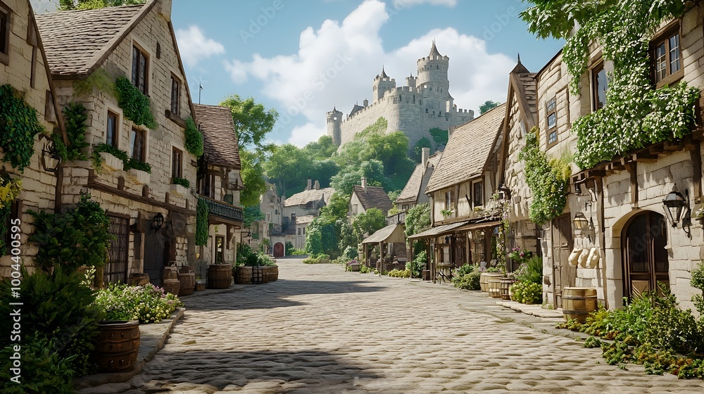 Charming Old World European Village with Picturesque Medieval Castle Backdrop Cobblestone Streets Quaint Stone Buildings Lush Foliage Charming Old World European Village with Picturesque Medieval Castle Backdrop Cobblestone Streets Quaint Stone Buildings Lush Foliage