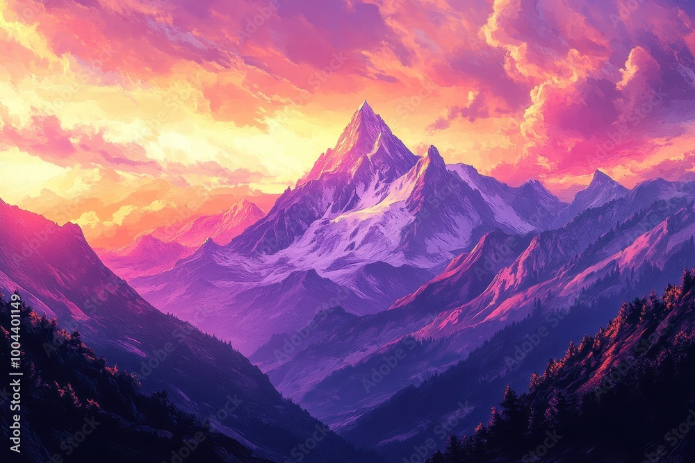 Majestic Mountain Peak at Sunset with Vibrant Sky and Purple Hues Majestic Mountain Peak at Sunset with Vibrant Sky and Purple Hues
