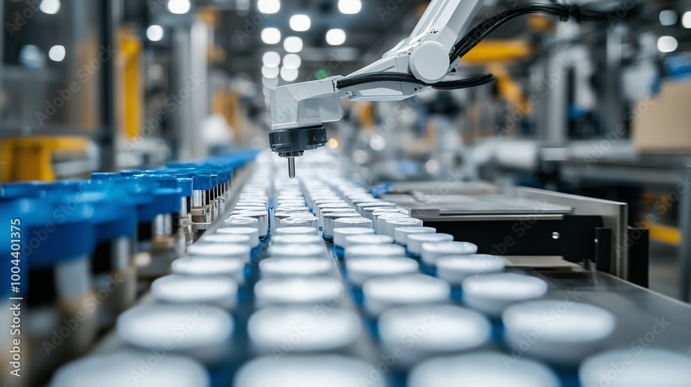 Obraz premium Robotic arm inspecting bottles on a production line in an automated manufacturing facility during daytime operations