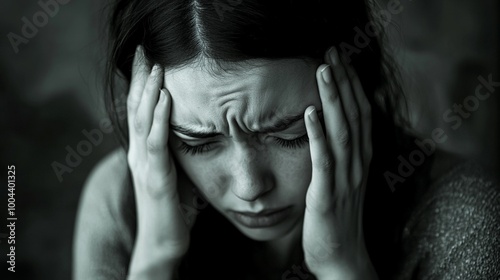 Intense emotional turmoil captured in monochrome: a close-up portrait of anguish, hands pressed to temples, eyes tightly shut, face contorted in pain or distress.