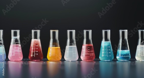 Colorful Glass Flasks With Liquid Solutions on Black Background