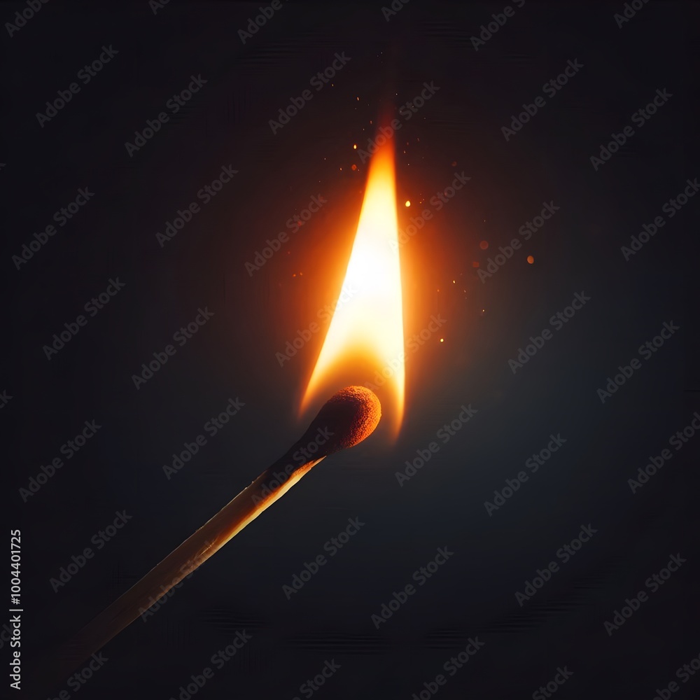 Burning Matchstick with Sparks and Flames on Black Background Burning Matchstick with Sparks and Flames on Black Background