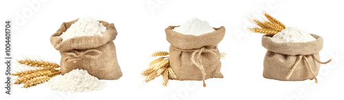 Burlap sack of flour with wheat ears cutout png isolated on transparent background photo